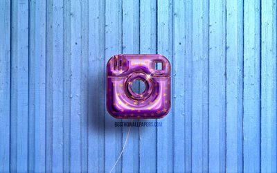 4k, Instagram logosu, mor ger&#231;ek&#231;i balonlar, sosyal ağ, Instagram 3D logosu, mavi ahşap arka planlar, Instagram