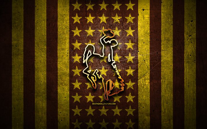 Wyoming Cowboys flag, NCAA, brown yellow metal background, american football team, Wyoming Cowboys logo, USA, american football, golden logo, Wyoming Cowboys
