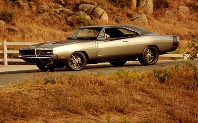Dodge Charger, 1970, front view, retro cars, gray Charger 1970, american classic cars, Dodge