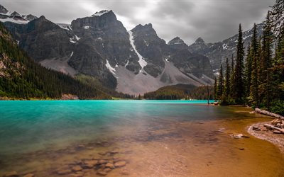 mountain lake, emerald lake, mountains, rocks, evening, sunset, Alberta, Canada