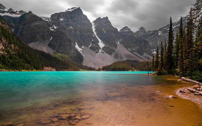 lago da montanha, lago esmeralda, montanhas, rochas, noite, p&#244;r do sol, Alberta, Canad&#225;