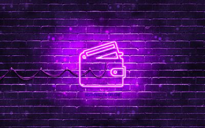 Icona del portafoglio al neon, 4K, sfondo viola, simboli al neon, portafoglio, icone al neon, segno del portafoglio, segni finanziari, icona del portafoglio, icone finanziarie