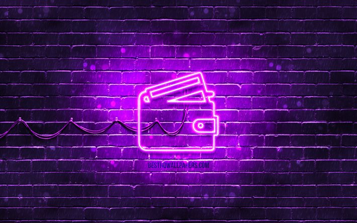 brieftasche neon symbol, 4k, violetter hintergrund, neon symbole, brieftasche, brieftasche zeichen, finanzzeichen, brieftasche symbol, finanz symbole