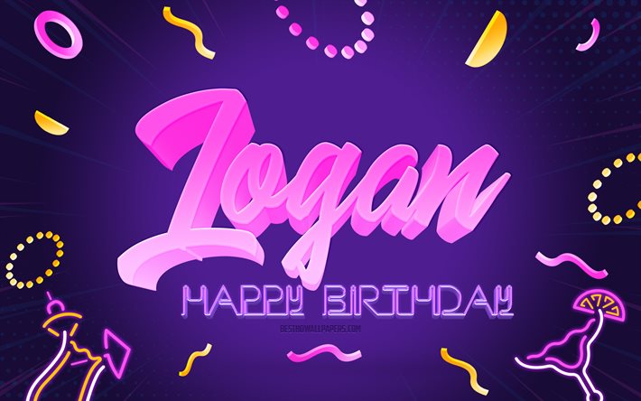 お誕生日おめでとうローガン, 4k, 紫のパーティーの背景, ローガンCity in Utah USA, クリエイティブアート, ローガンの誕生日おめでとう, ローガン名, ローガンの誕生日, 誕生日パーティーの背景