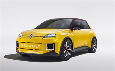 2021, Renault 5 Concept, vista frontale, esterna, berlina gialla, nuova Renault 5 gialla, auto francesi, Renault