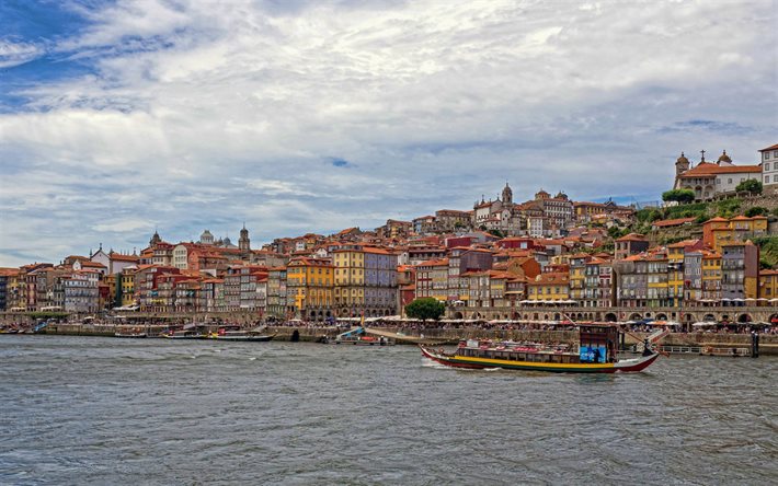 Porto, Douro Nehri, akşam, g&#252;n batımı, Porto şehir manzarası, g&#252;zel binalar, Portekiz