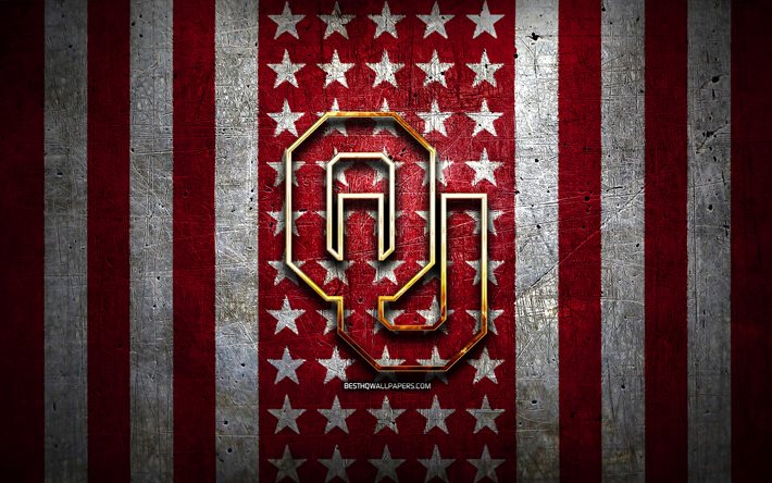 Oklahoma Sooners-flagga, NCAA, r&#246;d vitmetallbakgrund, amerikansk fotbollslag, Oklahoma Sooners-logotyp, USA, amerikansk fotboll, gyllene logotyp, Oklahoma Sooners