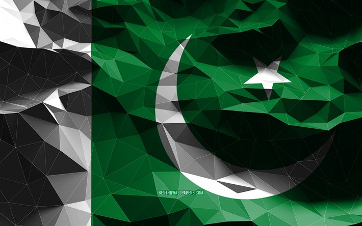 4k, Pakistan bayrağı, d&#252;ş&#252;k poli sanat, Asya &#252;lkeleri, ulusal semboller, Pakistan Bayrağı, 3D bayraklar, Pakistan, Asya, Pakistan 3D bayrak