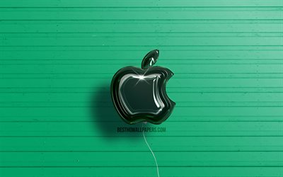 Apple 3D logosu, 4K, koyu yeşil ger&#231;ek&#231;i balonlar, Apple logosu, yeşil ahşap arka planlar, Apple