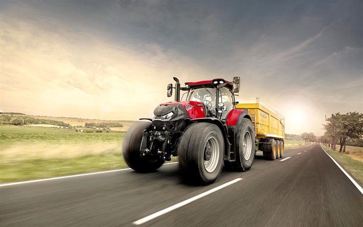 Case IH Optum 300 CVX, 4k, godstransport, 2020 traktorer, jordbruksmaskiner, r&#246;d traktor, bandtraktor, HDR, traktor p&#229; v&#228;g, jordbruk, sk&#246;rd, Case
