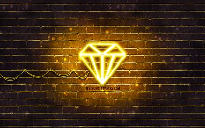 Diamond neon icon, 4k, yellow gem, neon symbols, Diamond, gems, neon icons, Diamond sign, gems signs, yellow background, Diamond icon, gems icons