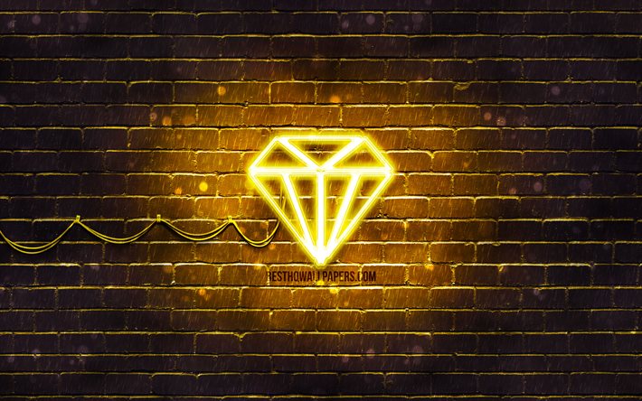 Icona di diamante al neon, 4K, gemma gialla, simboli al neon, diamante, gemme, icone al neon, segno di diamante, segni di gemme, sfondo giallo, icona di diamante, icone di gemme