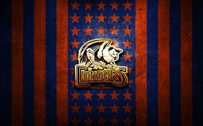 Bakersfield Condors flag, AHL, orange blue metal background, american hockey team, Bakersfield Condors logo, USA, hockey, golden logo, Bakersfield Condors