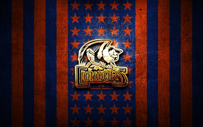 Bandiera Bakersfield Condors, AHL, sfondo metallico blu arancione, squadra di hockey americana, logo Bakersfield Condors, USA, hockey, logo dorato, Bakersfield Condors