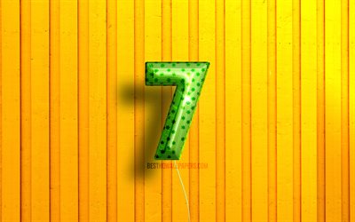 Windows Seven3Dロゴ, 4K, 緑のリアルな風船, Microsoft Windows 7, OS, 黄色の木製の背景, WindowsSevenのロゴ, WindowsSeven