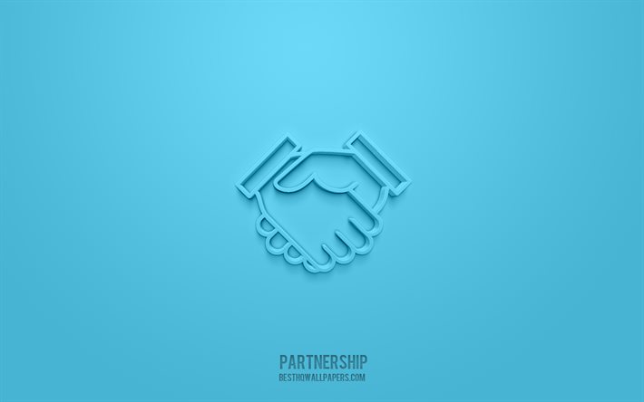 Ic&#244;ne 3d de partenariat, fond bleu, symboles 3d, partenariat, ic&#244;ne 3d de poign&#233;e de main, ic&#244;nes 3d, signe de partenariat, ic&#244;nes 3d de partenariat, signe de poign&#233;e de main