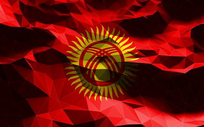 4k, Kırgız bayrağı, d&#252;ş&#252;k poli sanat, Asya &#252;lkeleri, ulusal semboller, Kırgızistan Bayrağı, 3D bayraklar, Kırgızistan bayrağı, Kırgızistan, Asya, Kırgızistan 3D bayrak
