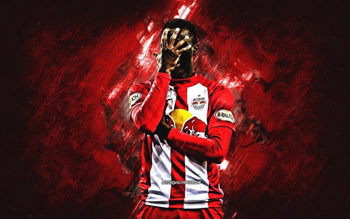 Patson Daka, Red Bull Salzburg, Zambian footballer, portrait, red stone background, football