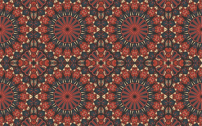 red-blue ornaments texture, 4k, red ornaments background, ornaments pattern, retro ornament texture, ornament retro background