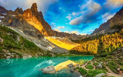 Lake Sorapis, 4k, summer, Dolomite mountains, evening landscapes, Alps, mountains, Альпы, Italy, Europe, beautiful nature, HDR