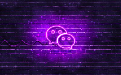 Logo violet WeChat, 4k, mur de briques violet, logo WeChat, r&#233;seaux sociaux, logo n&#233;on WeChat, WeChat