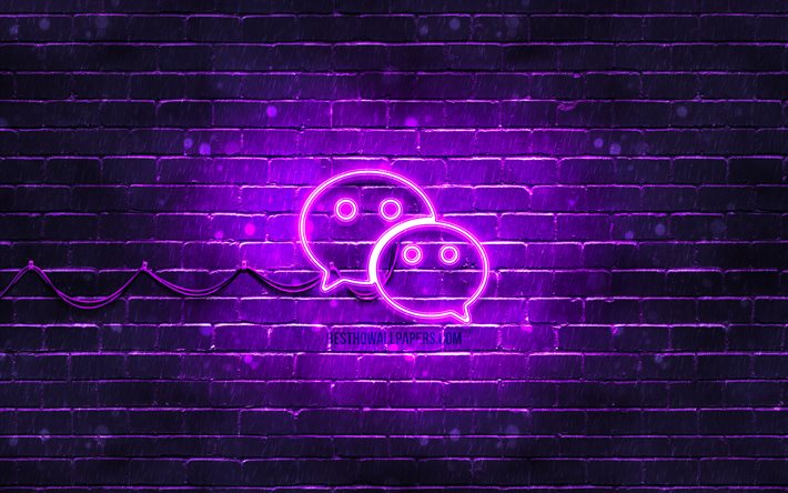 WeChat violetti logo, 4k, violetti tiilisein&#228;, WeChat logo, sosiaaliset verkostot, WeChat neon logo, WeChat