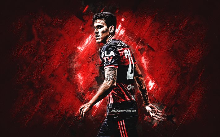 Pedro Guilherme, footballeur br&#233;silien, Flamengo, portrait, Serie A, Br&#233;sil, football, fond de pierre rouge