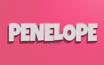 Penelope, rosa linjer bakgrund, bakgrundsbilder med namn, Penelope namn, kvinnliga namn, Penelope gratulationskort, konturteckningar, bild med Penelope namn