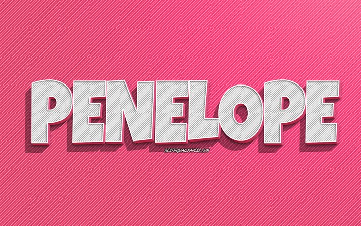 Penelope, fond de lignes roses, fonds d&#39;&#233;cran avec des noms, nom Penelope, noms f&#233;minins, carte de voeux Penelope, dessin au trait, photo avec nom Penelope