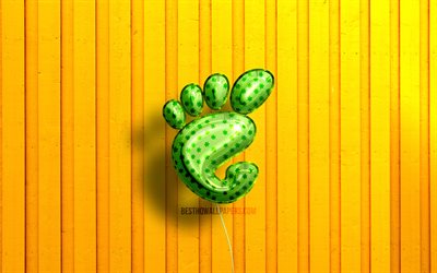 Gnome 3D logosu, 4K, OS, yeşil ger&#231;ek&#231;i balonlar, sarı ahşap arka planlar, Linux, Gnome logosu, Gnome