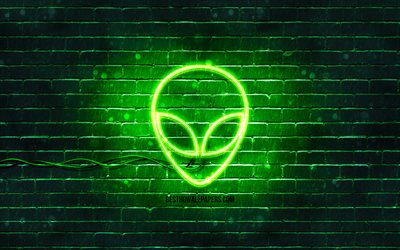 Alien neon icon, 4k, green background, neon symbols, Alien, neon icons, Alien sign, space signs, Alien icon, space icons