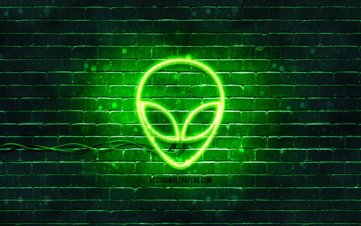 Icona al neon alieno, 4k, sfondo verde, simboli al neon, alieno, icone al neon, segno alieno, segni spaziali, icona aliena, icone dello spazio