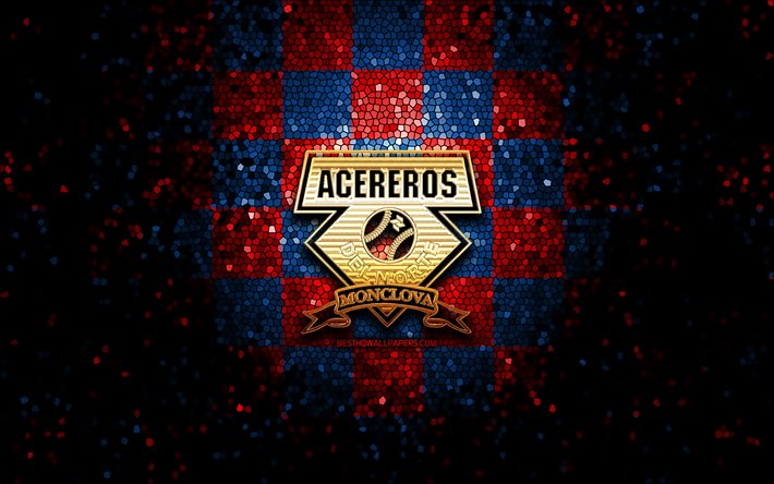 Acereros de Monclova, logo glitter, LMB, sfondo a scacchi rosso blu, squadra di baseball messicana, logo Acereros de Monclova, campionato di baseball messicano, arte del mosaico, baseball, Messico