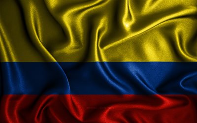 Bandeira colombiana, 4k, bandeiras onduladas de seda, pa&#237;ses da Am&#233;rica do Sul, s&#237;mbolos nacionais, Bandeira da Col&#244;mbia, bandeiras de tecido, bandeira da Col&#244;mbia, arte 3D, Col&#244;mbia, Am&#233;rica do Sul, bandeira 3D da Col&#