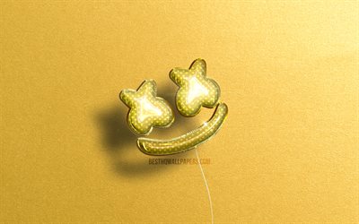 Marshmello 3D-logo, keltaiset realistiset ilmapallot, 4k, Christopher Comstock, amerikkalaiset DJ: t, Marshmello-logo, keltaiset kivitaustat, DJ Marshmello