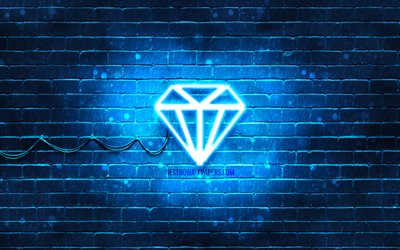 Sapphire neon icon, 4k, blue gem, neon symbols, Sapphire, gems, neon icons, Sapphire sign, gems signs, blue background, Sapphire icon, gems icons