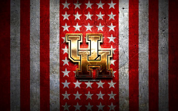 Houston Cougars flag, NCAA, red white metal background, american football team, Houston Cougars logo, USA, american football, golden logo, Houston Cougars