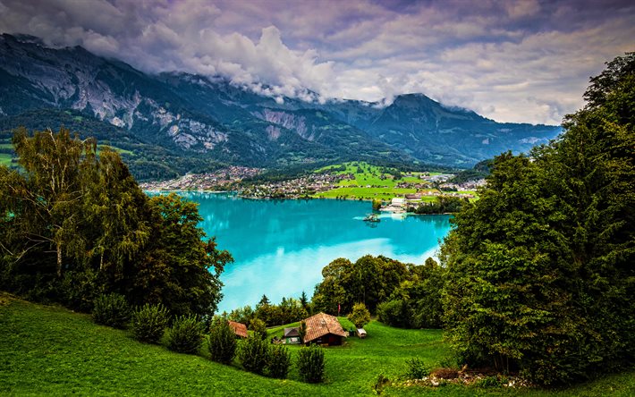 Lago di Brienz, 4k, estate, montagne, Alpi, Svizzera, natura meravigliosa, Berna, Europa
