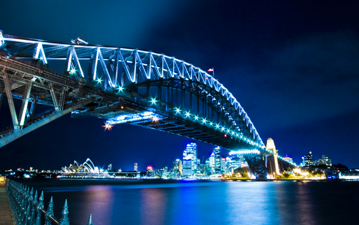 سيدني, جسر ميناء, إضاءات, ليلة, أستراليا
