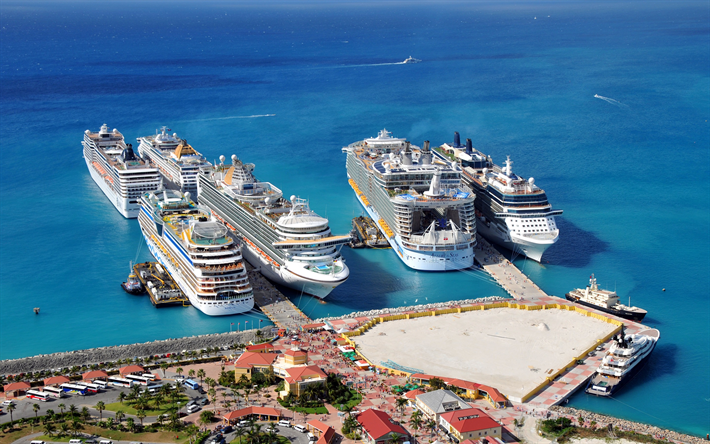 Allure of the Seas, cruise liners, seaport, class Oasis, summer, Caribbean Sea, passenger large ships, Celebrity Solstice, AIDAluna, MSC