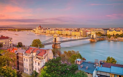 Budapest, Tonava-Joki, Chain Bridge, illalla, sunset, Budapestin n&#228;ht&#228;vyydet, Unkari