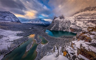 Lago OHara, inverno, montanhas, floresta, azul lagos glaciais, neve, Yoho National Park, British Columbia, Canadian Rockies, Canada
