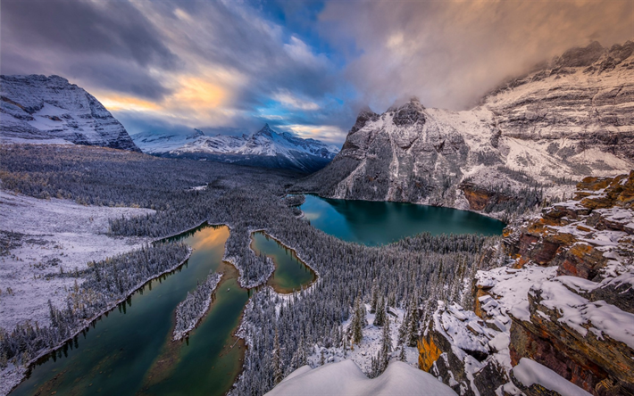 Lake OHara, winter, mountains, forest, blue glacial lakes, snow, Yoho National Park, British Columbia, Canadian Rockies, Canada