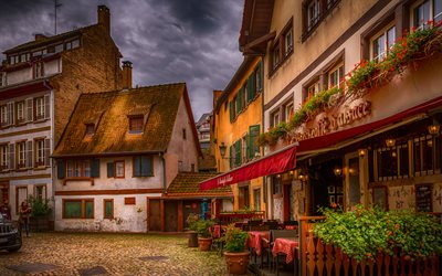 Strasbourg, gamla byggnader, street, trottoaren, restaurang, Europa, HDR, Frankrike