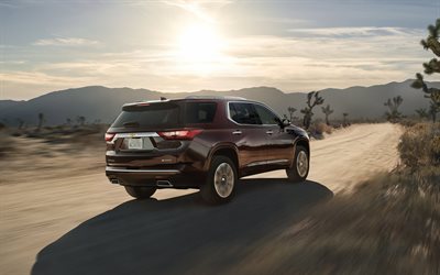 Chevrolet Traverse, 2018, 4k, novos carros off-road, Vermelho escuro Atravessar, Os carros americanos, Chevrolet