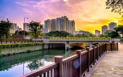 Singapur, eveining, edificios modernos, canal, Asia