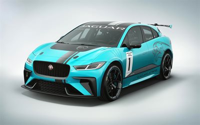 4k, Jaguar I-PACE eTROPHY, 2018 voitures, les voitures de courses, bleu I-PACE, Jaguar