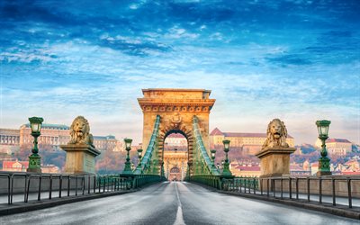 Ponte delle catene di Szechenyi, 4k, estate, sculture, ungherese punti di riferimento, Budapest, Ungheria, Europa