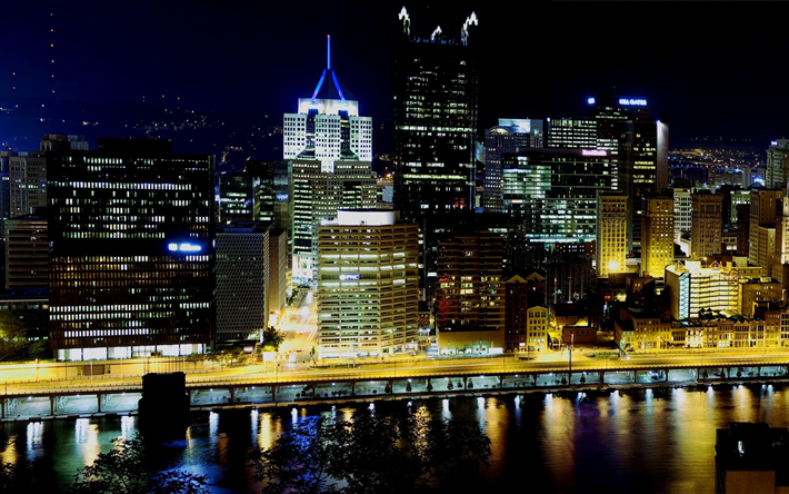 Pittsburgh, noturnas, aterro, edif&#237;cios, EUA, Am&#233;rica