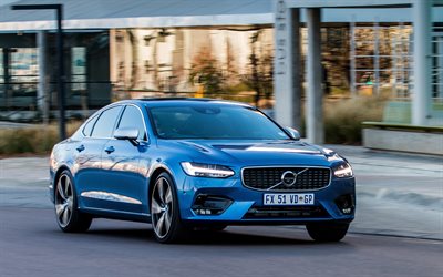 Volvo S90 R-Design, 2018, bleu S90, berline de luxe, la classe d&#39;affaires, de nouvelles voitures, 4k, Volvo